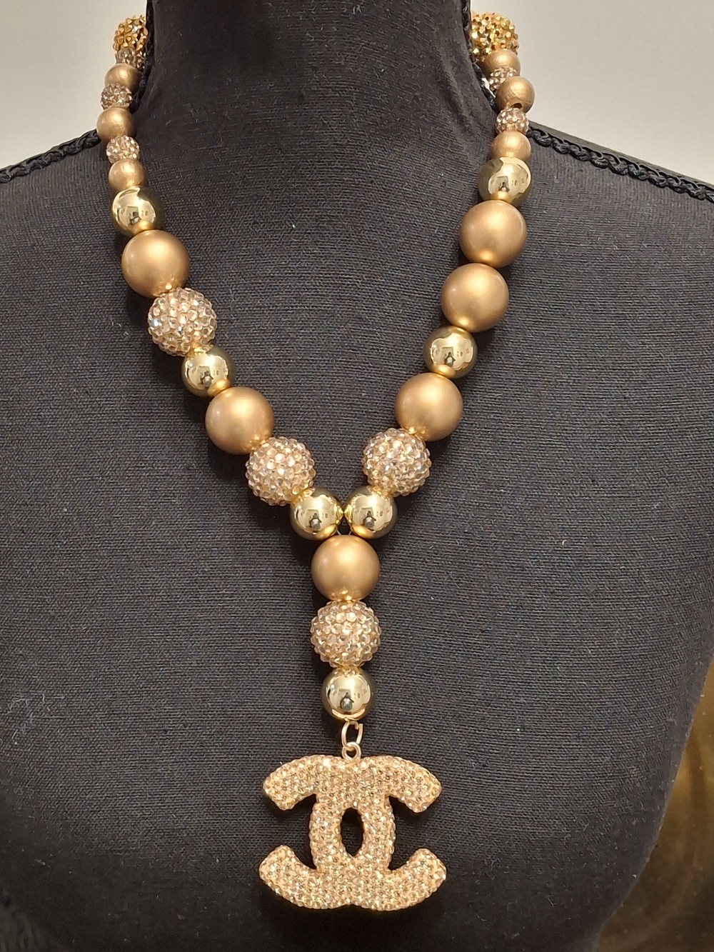 Gold-Tone Crystal Beaded Logo Pendant Necklace